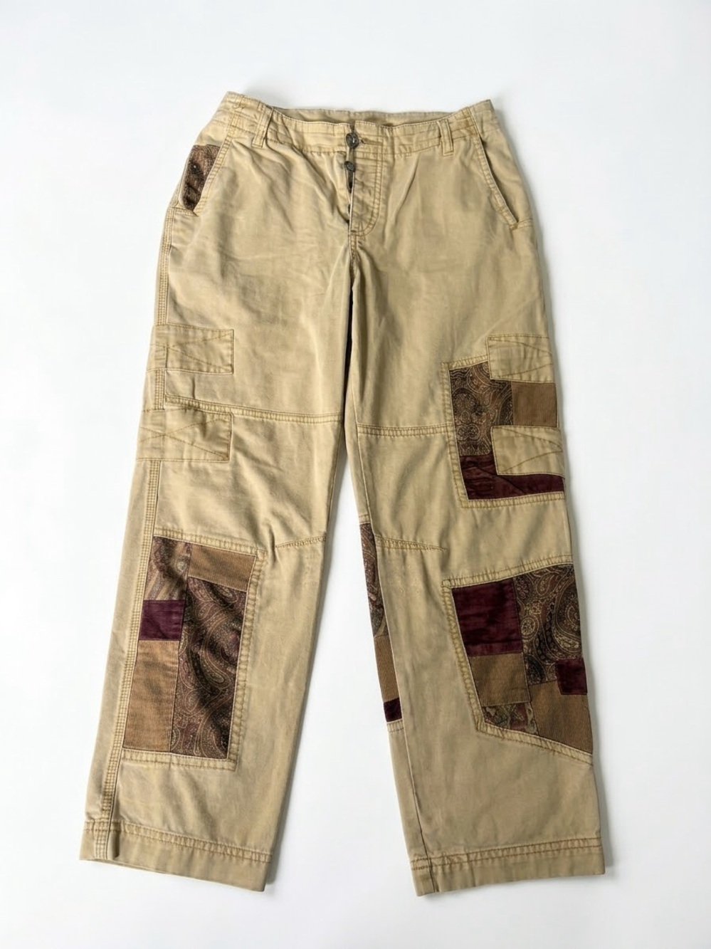 Free People Vintage Patchwork Cargo Pants Tan Tapestry Corduroy Size 10